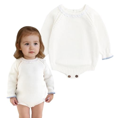 Simplee kids Baby Girl Sweater Romper, Lace Trim Neck, White, 6-12 Months