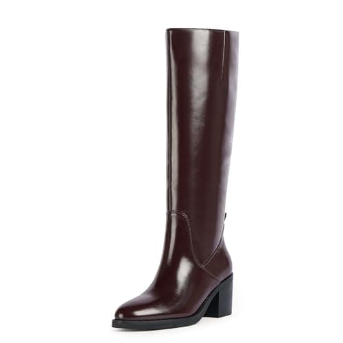 QIY Women Wine Red Boots Chunky Heel Rounded Toe Tall Boots for Women Burgundy Knee High Boots with Zip Size 7.5
