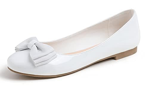 FEVERSOLE Women's Round Toe Cute Bow Trim Ballet Flats White Patent Size 8.5 M US