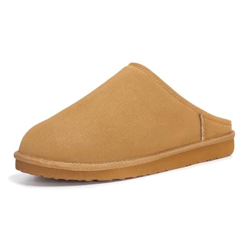 FITORY Men’s Winter Genuine Leather Slippers, Comfy Memory Foam Suede Shoes with Warm Fleece-Lined for Indoor and Outdoor Slip on Chestnut Size 13