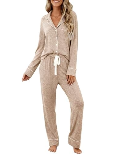 Samring Plus Size Pajamas for Women Set Long Sleeve Cotton Knit Pjs Lounge Set Button Down Warm Sleepwear Light Brown XL
