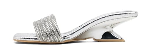 Vepose Women's Low Kitten Heel 2.2 Inch Sandals Square Open Toe Dress 6109 Silver Sandals Comfortable Slip-On Strappy Design with Rhinestones Sexy Evening Party Shoes Size 7.5(CZR6109 silver 07.5)