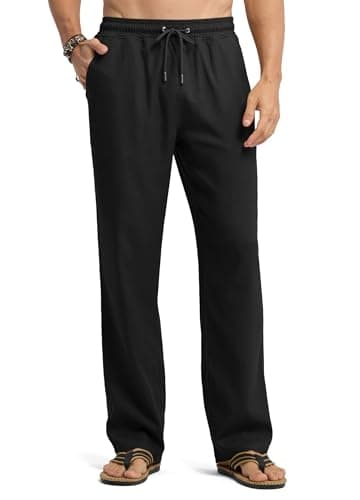 Willit Men's Linen Pants Casual Beach Summer Pants Drawstring Lightweight Yoga Linen Trousers 28" Black S
