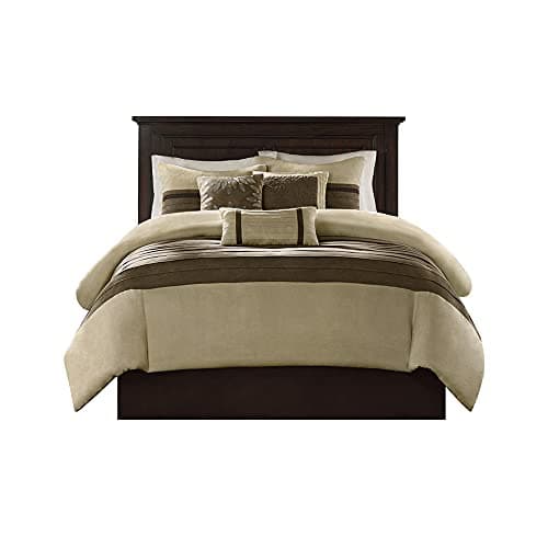 Madison Park Palmer Comforter Set-Luxury Faux Suede Design, Striped Accent, All Season Down Alternative Bedding, Matching Shams, Decorative Pillow, Bed Skirt, Queen (90 in x 90 in), Natural 7 Piece