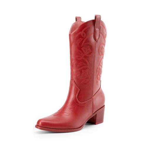 DREAM PAIRS Cowboy Boots for Women Cowgirl Western Boots Fashion Embroidery Stitched Chunky Heel Mid Calf Boots,Size 6.5,Red-Pu,DWUMMB2504