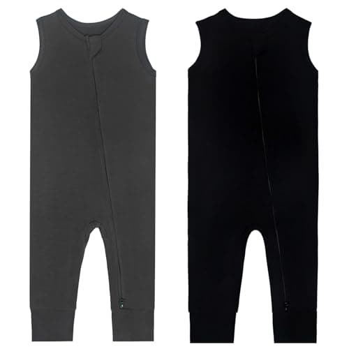 Gaiibbt Baby Romper, 2pack Baby Pajamas Summer Sleeveless 2 Way Zipper Footless Sleepers Black+Charcoal Grey 3-6 M
