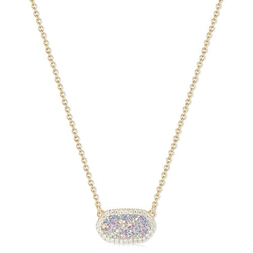 Tinkbush Pendant Necklace for Women,14K Gold-Plated Natural Gemstone, 15" with 2.6" Extender,Gift Box Velvet Pouch,Christmas Birthday Party Gift For Women (HEXAGON-GOLD IRIDESCENT DRUSY)