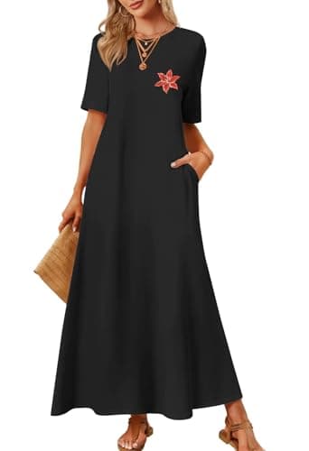 MEROKEETY Summer Casual Maxi Dresses for Women 2026 Vacation Crew Neck Short Sleeve Modest Long T Shirt Dress with Pockets, RedLeaf, Medium