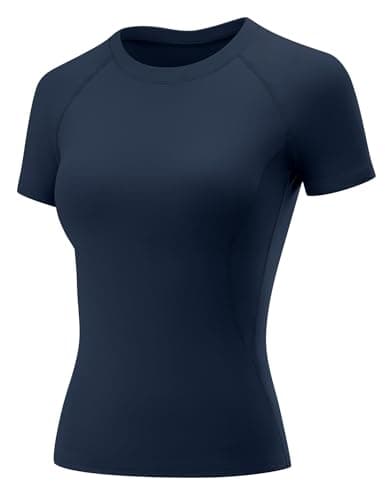 LOMON Yoga Workout Tops Women 2026 Casual Quick Dry Activewear Running Tennis Gym Shirts Raglan Short Sleeve Slim T Shirt(Navy,X-Small)