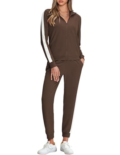 Marvmys Women 2 Piece Jogging Suit Fashion Travel Outfits Fall Sets Tracksuits Long Sleeve Jogger Set with Pockets Dark Brown S