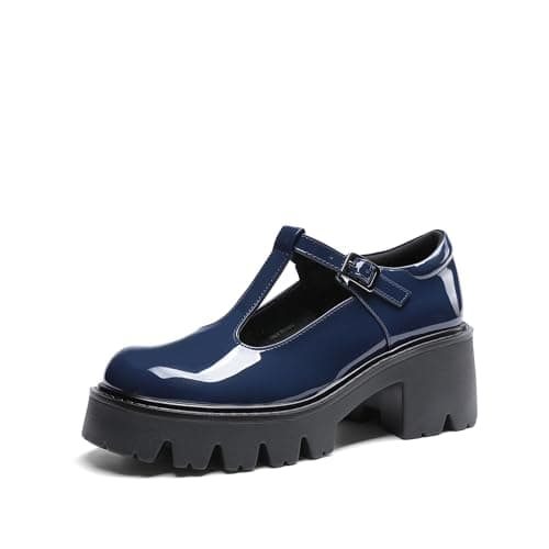 DREAM PAIRS Women's T-Strap Mary Jane Shoes Low Platform Chunky Block Heels Closed Toe Work Pumps Comfortable Round Toe Dress Wedding Party Shoes,Size 6.5,Navy,DWUMPU2571