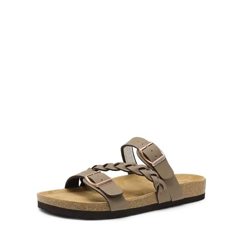 DREAM PAIRS Women's Slides Soft Cork Footbed Sandals Comfortable Walking Slip-on Flat Sandals Arch Support Adjustable Buckle Braided Straps Slippers,Size 6,Brown,DWUMSS2547