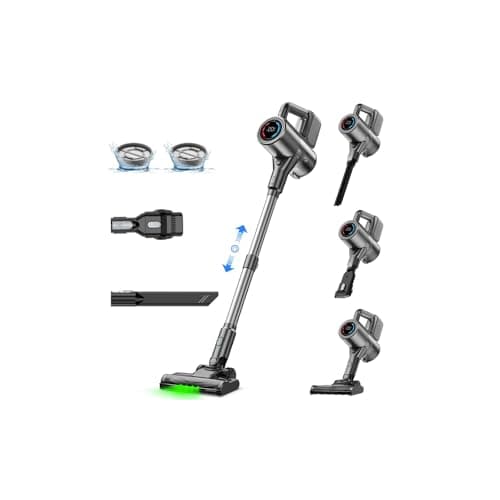 VersLife Cordless Vacuum Cleaner 500W/40KPA/40Mins, Lightweight Stick Vacuum with LED Display and Green Headlights, 6-Stages Filtration, Self-Standing Vacuum for Home Hard Floor Carpet, Silver