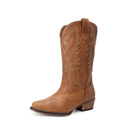 DREAM PAIRS Cowboy Boots for Women Cowgirl Western Mid Calf Boots Snip Toe Embroidered Stitched Low Chunky Heel Pull On Fashion Boots,Size 6,Tan,SDMB25005W-2