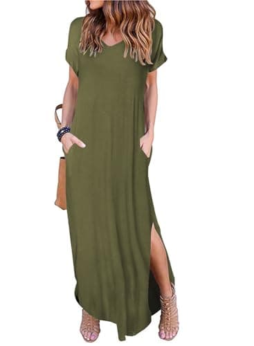 Camdoria Olive Green Maxi Dress for Women Long Loose Summer Teacher Cute Casual Short Sleeves Beach Dresses Split Sundress with Pockets XX-Large