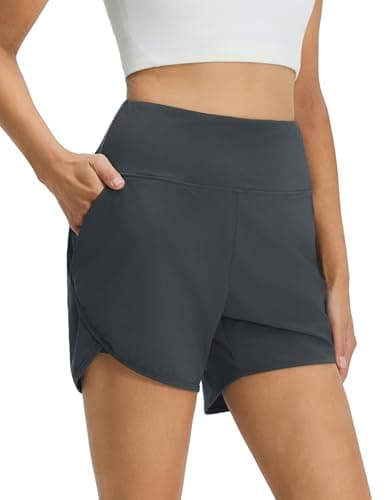 M MAELREG Athletic Shorts for Women 4" High Waisted 2 in 1 Mesh Liner Lightweight Track Exercise Active Gym Shorts Dark Grey