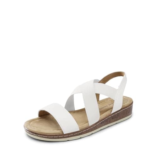 DREAM PAIRS Women's Dressy Slip on Elastic Ankle Strap Summer Wedge Heels Low Wedge Cork Beach Sandals for Women Casual Vacation,Size 7,White,DWUMFS2505
