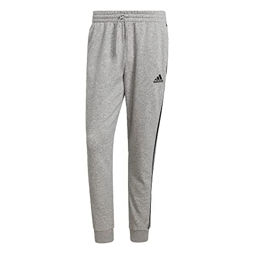 adidas Men's Standard Essentials Fleece Tapered Cuff 3-Stripes Pants, Medium Grey Heather/Black, X-Large