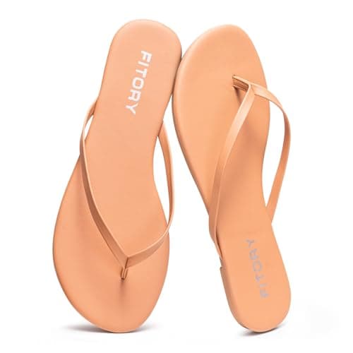 FITORY Women’s Flip Flops, Fashion Casual Thong Walking Slide with Vegan Leather, Comfortable Summer Beach Flat Sandals for 2026 Indoor and Outdoor Nude Size 10