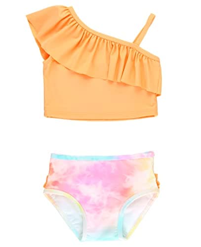 RuffleButts Girls UPF50+ Sun Protection One Shoulder Ruffle Tankini Two Piece Swimsuit - Rainbow Watercolor, 6-12m