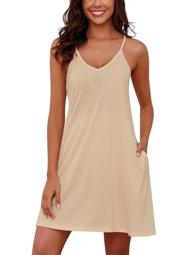 Marvmys Womens Sleeveless Nightgown Sexy V Neck Sleep Dress Lightweight Cotton Chemise Summer Sleepwear Beige