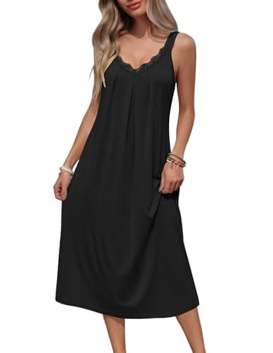 Ekouaer Sleeveless Nightgowns for Women Lace V-neck Long Nightdress Wide Strap Sleepwear Soft Lounge Dresses, Black, 3XL