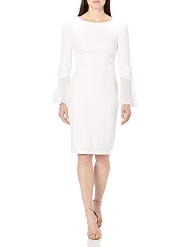 Calvin Klein Solid Sheath with Chiffon Bell Sleeves Dress Cream