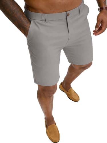 PLEPAN Men's Slim Fit Dress Shorts Anti-Wrinkle Stretch Skinny 7" Inseam Elastic Waist Lightweight Breathable Casual Work Golf Shorts Grey L