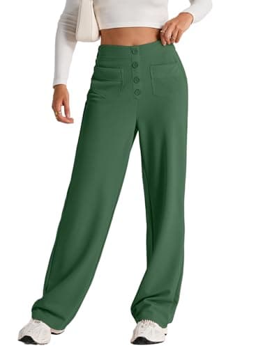 EVALESS Womens High Waist Button Stretchy Work Pants Straight Leg Formal Office Ladies Dress Pant Business Casual Trousers Knit Loose Travel Slacks Trendy 2025 Womens Pants with Pocket Green Medium