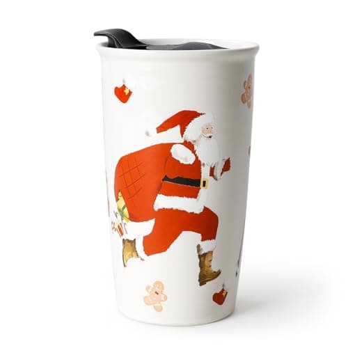 ANTIS'S HOME Ceramic Travel Mug with Lid, Christmas Gifts, Santa Claus Pattern Double Wall Coffee Mug Tumbler, Reusable Cup 10oz, Dishwasher Microwaveable Safe(Jingle & Joy)