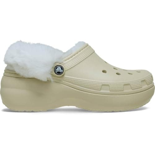 Crocs Women's Classic Platform Fuzz-Lined Clogs, Fuzzy Slippers, Bone, 11