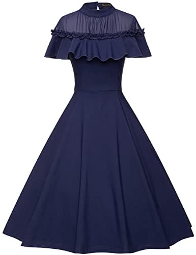 GownTown 1950 Women Dress Midi Cocktail Swing Dress with Pockets Darkblue