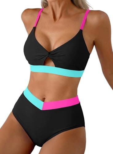 Herseas High Waisted Bikini Sets for Women Modest Two Piece Tummy Control Swimsuits V Neck Neon Color Block Bathing Suit Summer Beach Vacation Clothes Black Large