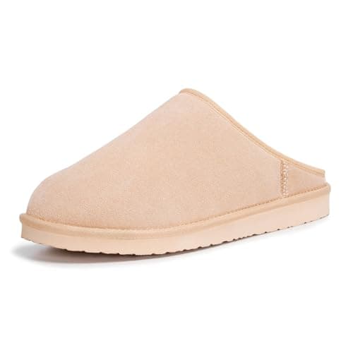 FITORY Men’s Winter Genuine Leather Slippers, Comfy Memory Foam Suede Shoes with Warm Fleece-Lined for Indoor and Outdoor Slip on Tan Size 9