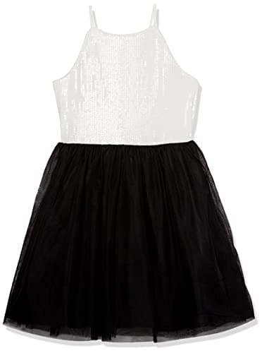 Calvin Klein Girls' Sleeveless Party Dress, Fit and Flare Silhouette, Round Neckline & Back Zip Closure, White/Sequin, 6X