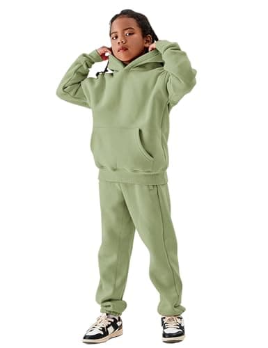 Flygo Girls Boys Fleece 2 Piece Outfits Pants Set Hoodies Sweatshirt and Jogger Sweatpants(GreyGreen-XL)