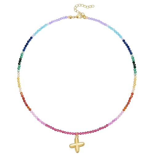 KissYan Beaded Initial Necklace, Gold Bubble Letter Pendant(Gold X)