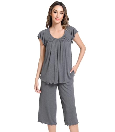 NACHILA Women's Pajamas-Viscose Made from Bamboo, Short Sleeve Pajama Set Ribbed Pleated Sleepwear Soft Capri Pants Pjs Dark Heather Grey L