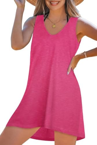 CHICGAL Womens Swimsuit Coverup Summer Beach Sleeveless T Shirt Bikini Tank Dress Loose Bathing Suit Cover Up(Rose Red, M)