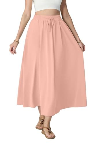 HiMONE Women 2026 Spring Summer High Waist Boho Maxi Skirt Trendy Casual Flowy Pleated A Line Beach Long Skirts Pink 2XL