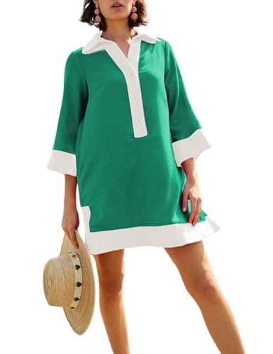 Omoone 2025 Swimsuit Coverup for Women Color Block Summer Beach Dresses V Neck Mini Linen Dress Shirts with Pockets(4225-Green-L)