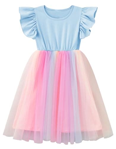 JNKLWPJS Girls Tutu Dress Toddler Ruffle Sleeve Princess Party Tulle Sundress Rainbow Blue 130CM
