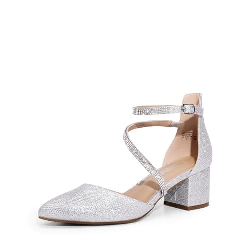 DREAM PAIRS Women's Closed Pointed Toe Low Chunky Heels Pumps Ankle Strap Wedding Business Dressy Shoes,Size 6.5,Silver,SDPU2354W