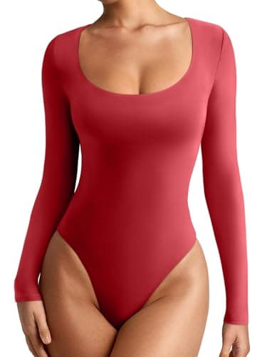 REORIA Womens Basic Sexy Scoop Neck Long Sleeve Leotards Fashion Fall Outfits Double Lined Layering Slim Soft Bodysuits Tops Red Medium