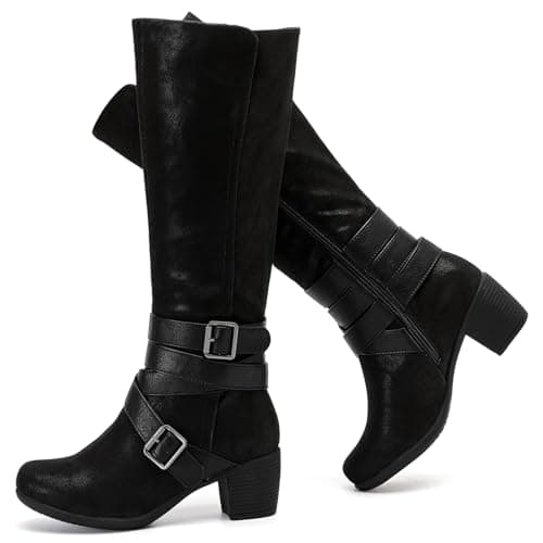 Ruiee Knee High Boots for Women Chunky Heel Casual Comfort Pointed Toe Boot Womens Fashion Fall Winter Knee-High Boots. 230304 Black ZPU Size9.5