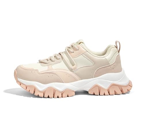 LUCKY STEP Women's Chunky Sneakers Fashion Platform Retro Tennis Casual Classic Cute Dad Anti-Slip Stylish Walking Sport Shoes(Beige,7)