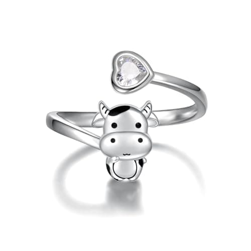 zaxsj Sterling Silver Cat/Pug/Elephant/Panda/Axolotl/Unicorn/Cow Rings : Adjustable Cute Animal Hypoallergenic Ring Jewelry Gift for Women Daughter (Cow)