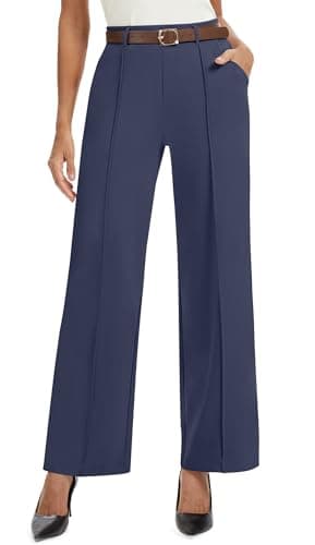 AVAMO Wide Leg Dress Pants for Women Pull On Stretchy Work Pants with Pockets High Elastic Waist Office Business Navy Blue