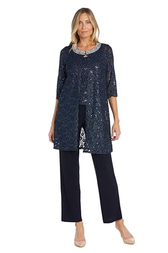 R&M Richards Women's Elegant 3-Piece Pant Set W/ ¾ Sleeves Scalloped Edge Sequin Lace Jacket & Matching Tank