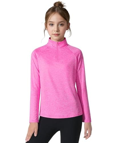 Girls Long Sleeve Shirts Quick Dry Athletic Tops Quarter Zip Pullover Kids Teens Sportswear for Golf Yoga Tennis Pink 9-10 Years